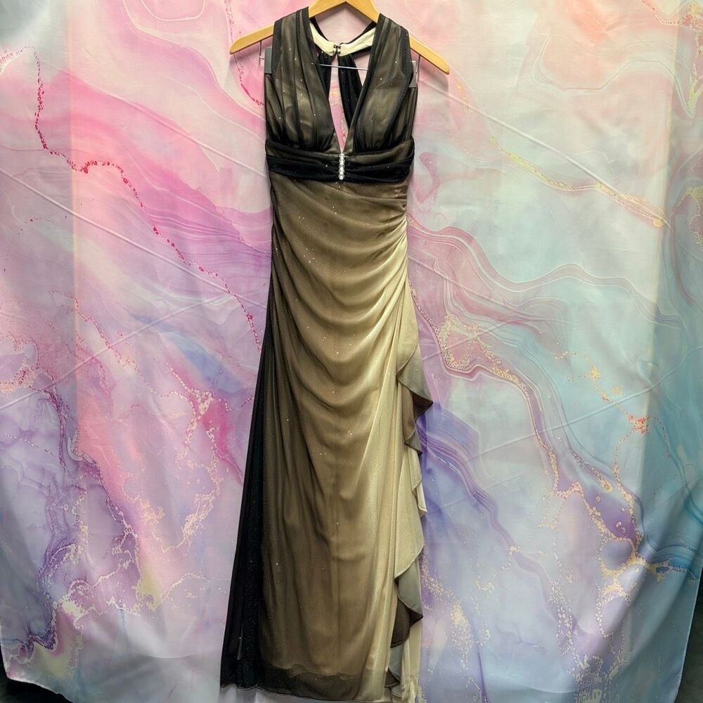 Betsy & Adam Formal Gown 10 Brown Nude Romantic Glitter Rhinestone Deep V Dress